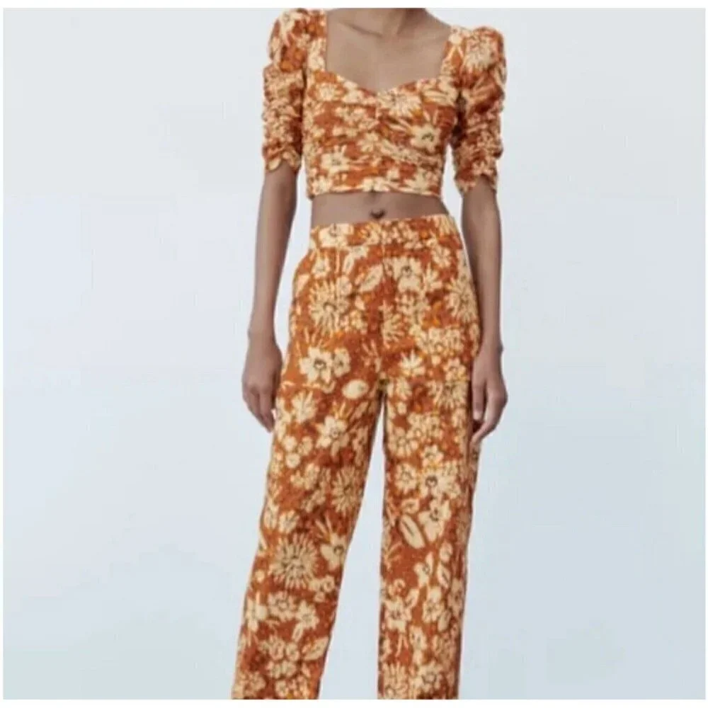 NEW Zara wide leg LINEN Pants XSMALL burnt orange Bohemian